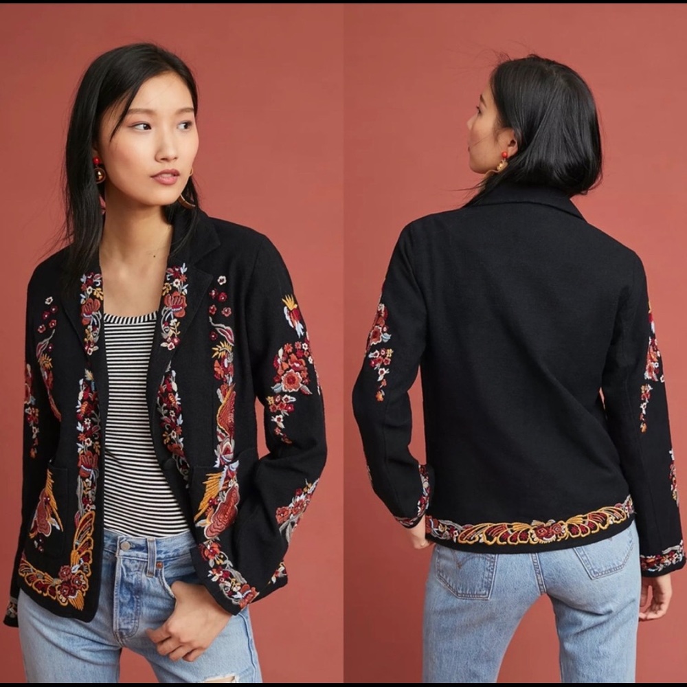 Anthropologie Black Embroidered Floral Jacket